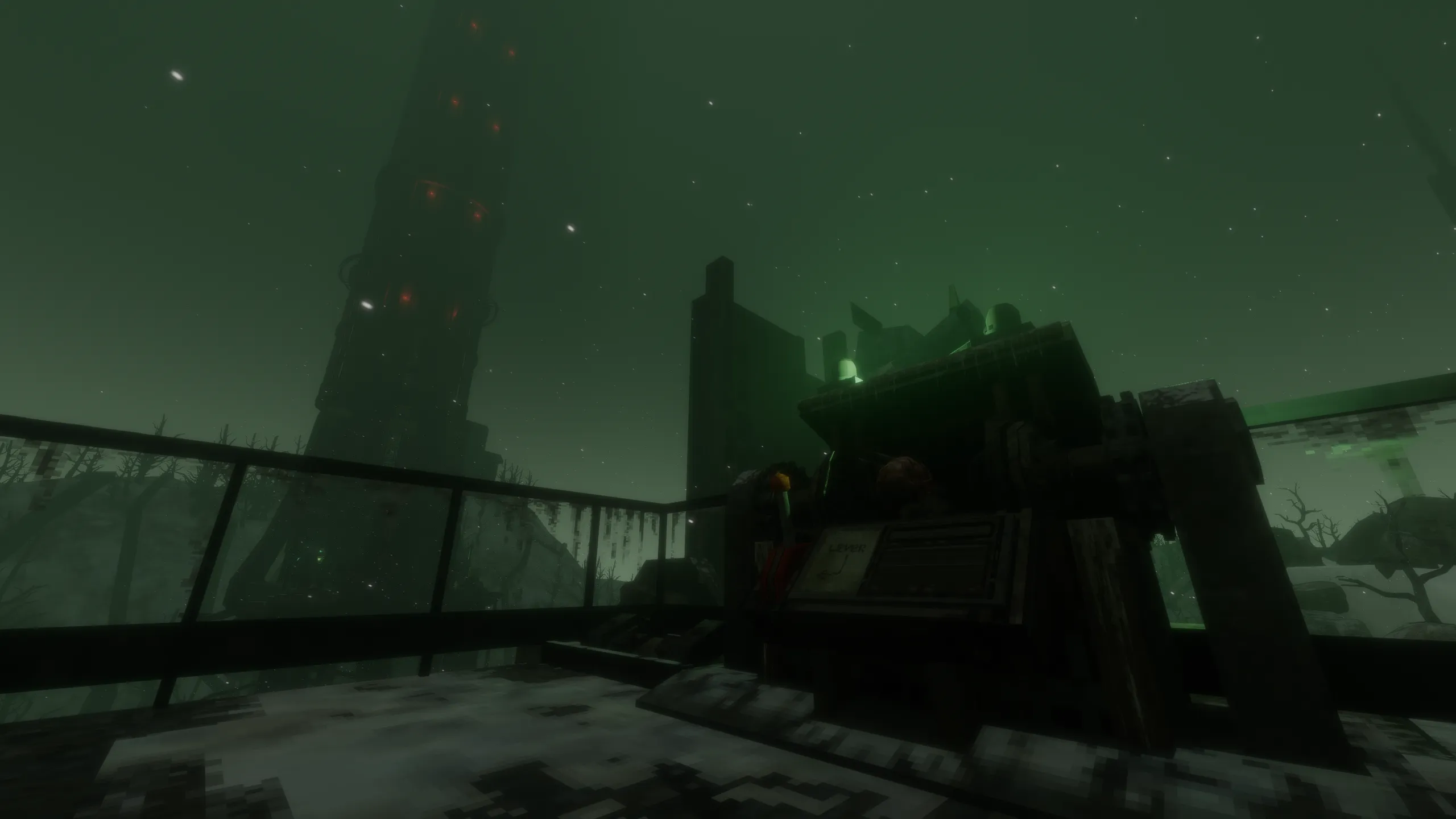 A dark tower looming over a ruined camp