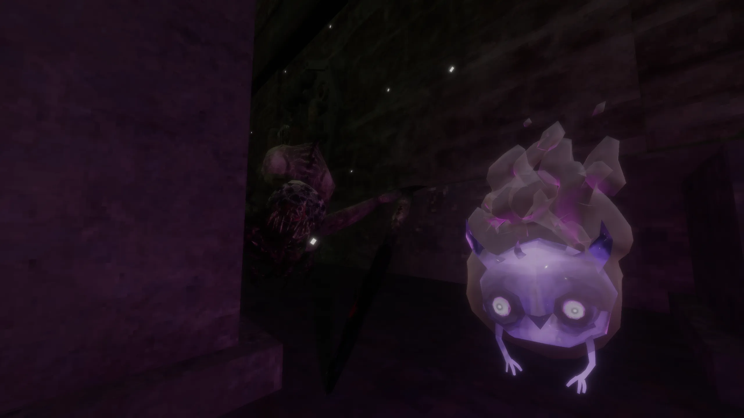 A glowing spirit creature in a dark corridor